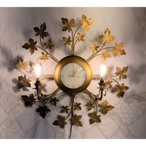 Vintage United Clock Corp Gold Metal Maple Leaf Sunburst Wall Clock Sconce 324